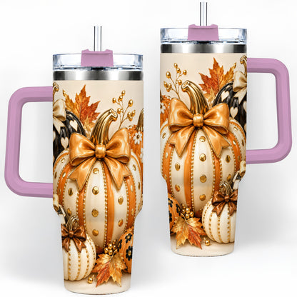 #pl[40oz|Pink] Cute Fall Pumpkin Bow 40oz Tumbler, Floral Polka Dot Artwork