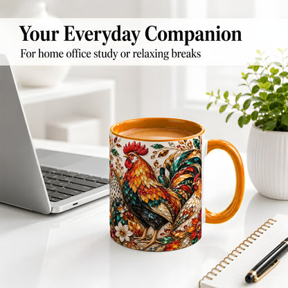 #pl[11oz|Orange] Autumn Chicken Ceramic Mug with Rooster and Gemstone Style Artwork