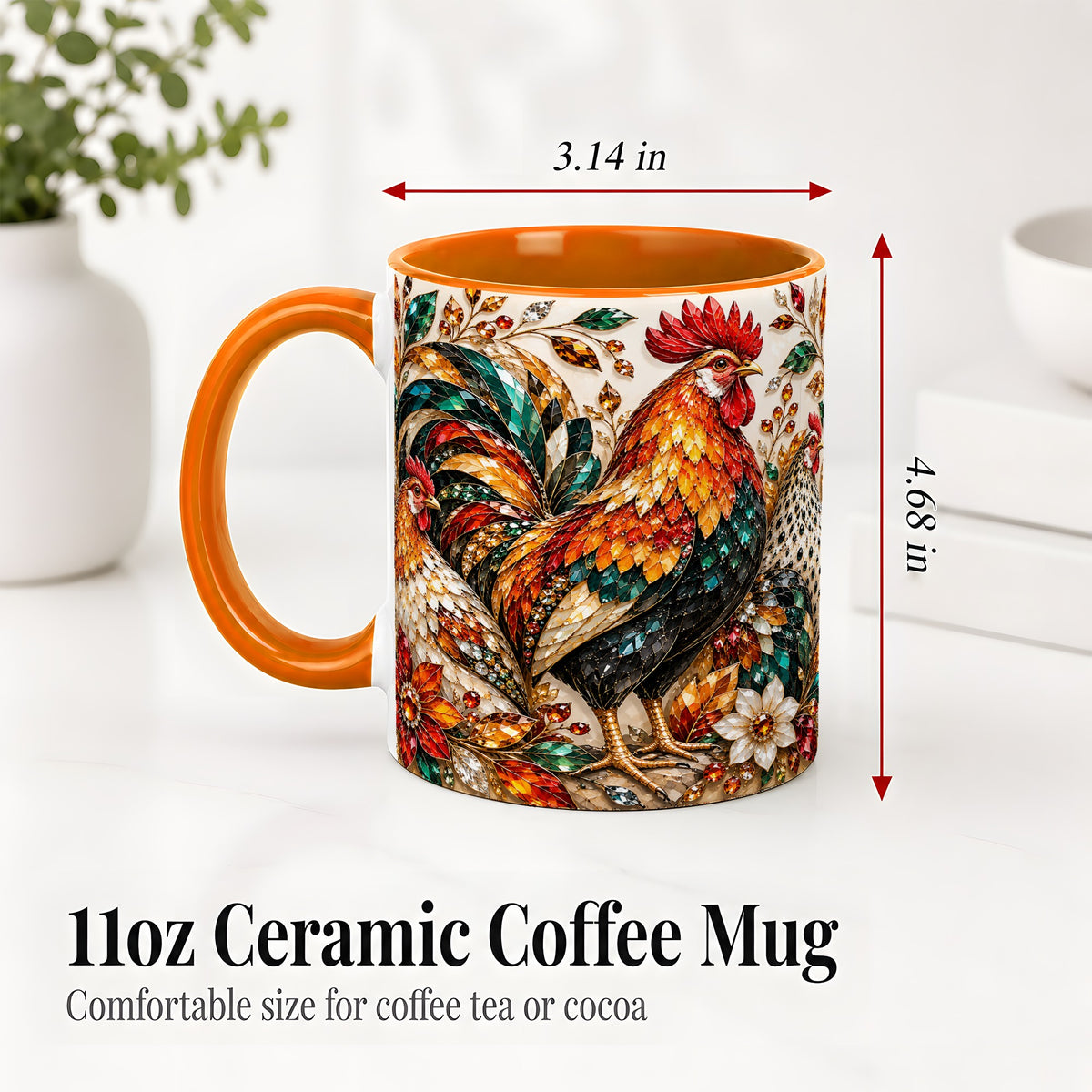 #pl[11oz|Orange] Autumn Chicken Ceramic Mug with Rooster and Gemstone Style Artwork