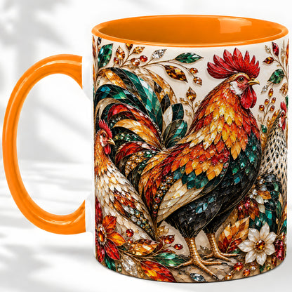 #pl[11oz|Orange] Autumn Chicken Ceramic Mug with Rooster and Gemstone Style Artwork