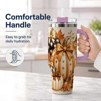 #pl[40oz|Pink] Cute Fall Pumpkin Bow 40oz Tumbler, Floral Polka Dot Artwork
