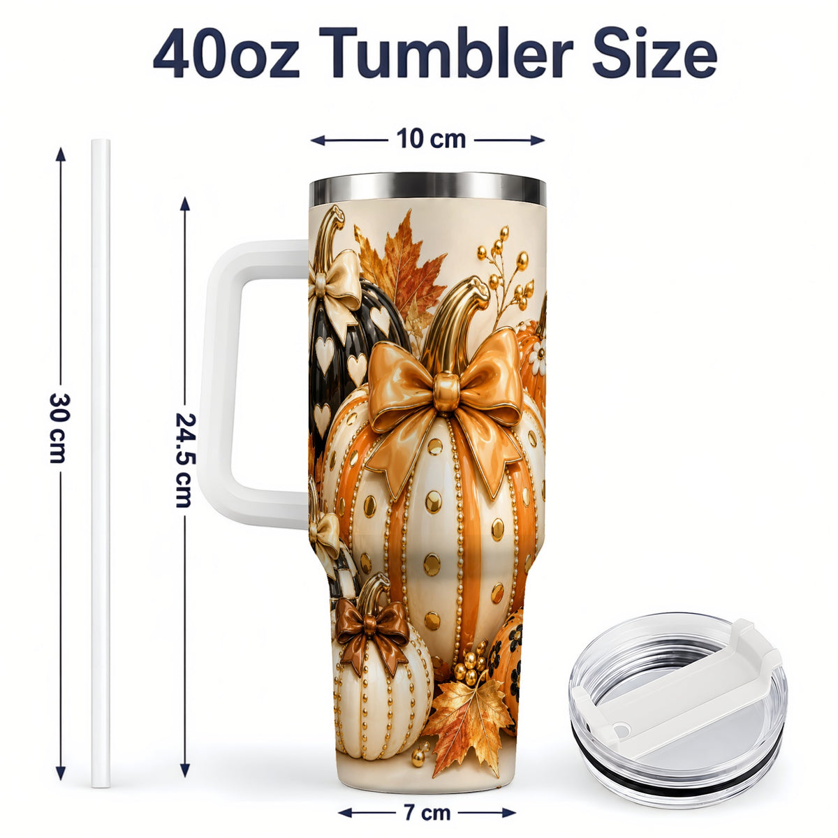 #pl[40oz|White] Cute Fall Pumpkin Bow 40oz Tumbler, Floral Polka Dot Artwork