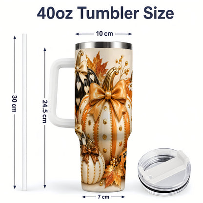 #pl[40oz|White] Cute Fall Pumpkin Bow 40oz Tumbler, Floral Polka Dot Artwork
