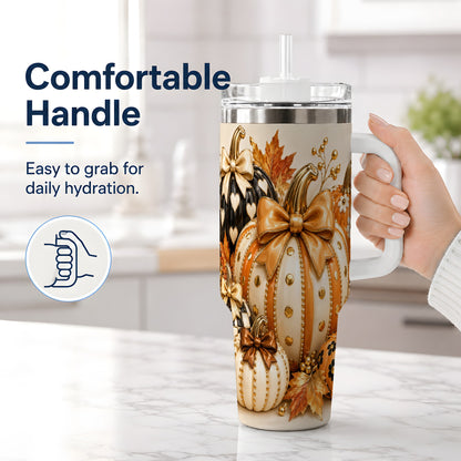 #pl[40oz|White] Cute Fall Pumpkin Bow 40oz Tumbler, Floral Polka Dot Artwork