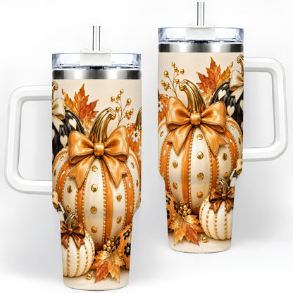 Cute Fall Pumpkin Bow 40oz Tumbler, Floral Polka Dot Artwork