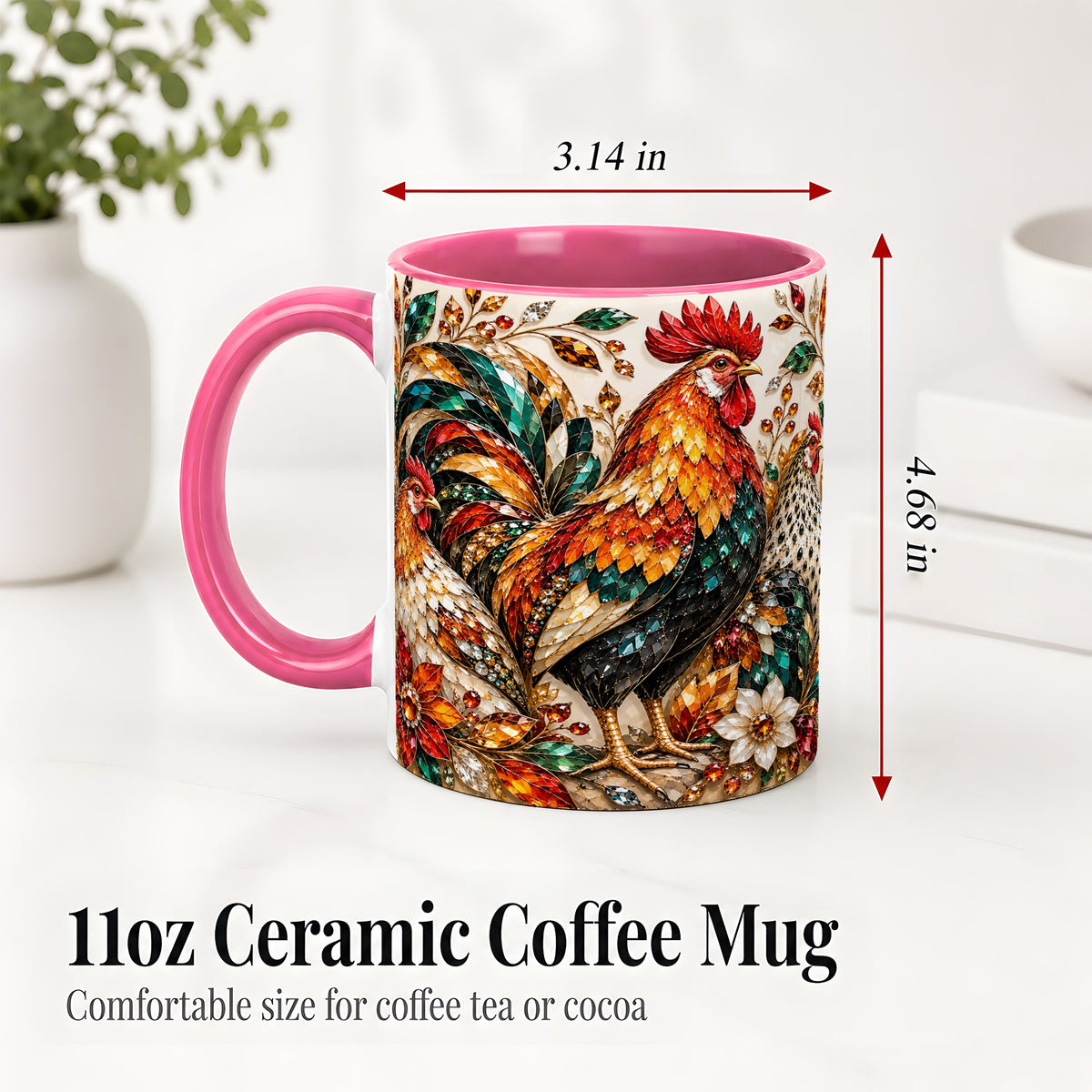 #pl[11oz|Pink] Autumn Chicken Ceramic Mug with Rooster and Gemstone Style Artwork