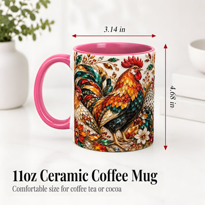 #pl[11oz|Pink] Autumn Chicken Ceramic Mug with Rooster and Gemstone Style Artwork