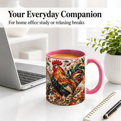 #pl[11oz|Pink] Autumn Chicken Ceramic Mug with Rooster and Gemstone Style Artwork