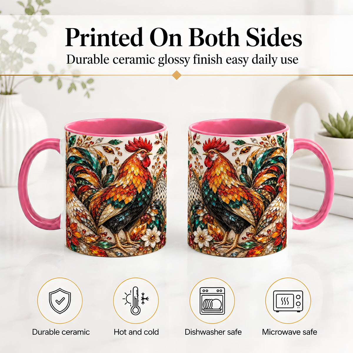 #pl[11oz|Pink] Autumn Chicken Ceramic Mug with Rooster and Gemstone Style Artwork