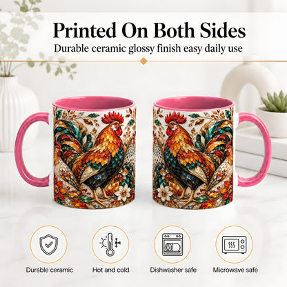 #pl[11oz|Pink] Autumn Chicken Ceramic Mug with Rooster and Gemstone Style Artwork