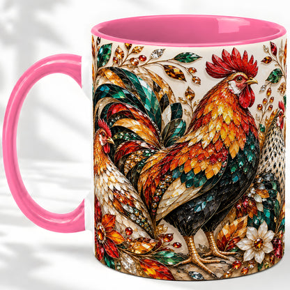 #pl[11oz|Pink] Autumn Chicken Ceramic Mug with Rooster and Gemstone Style Artwork