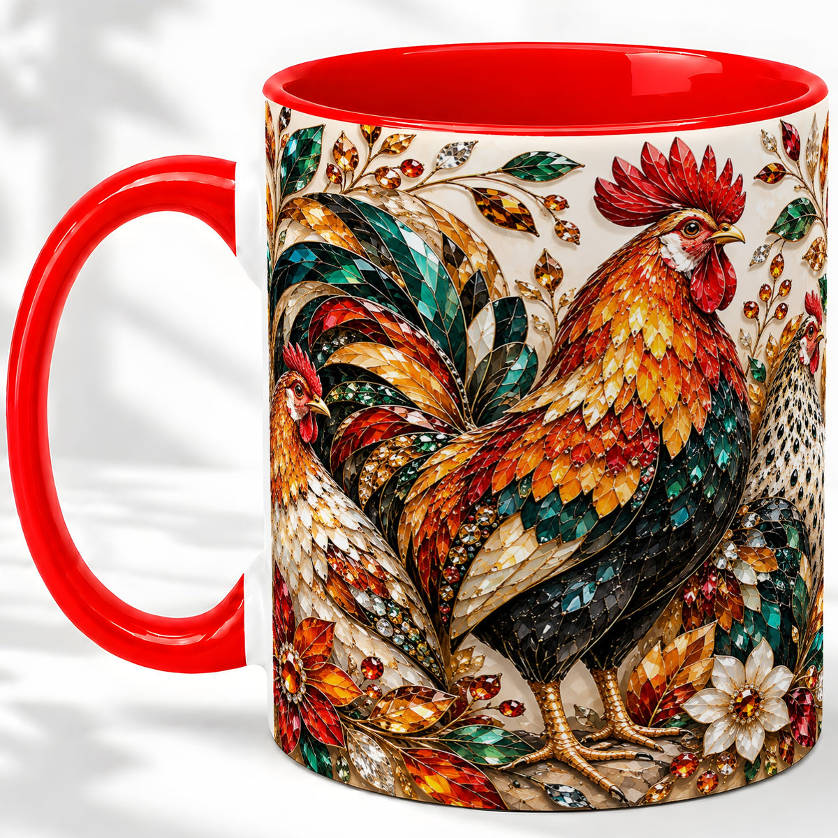Autumn Chicken Ceramic Mug with Rooster and Gemstone Style Artwork