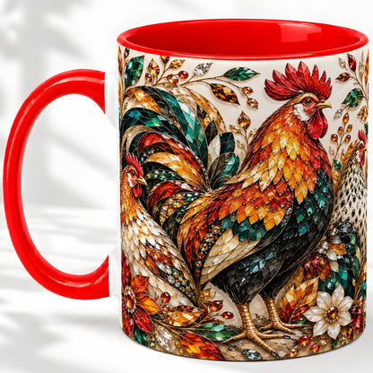 Autumn Chicken Ceramic Mug with Rooster and Gemstone Style Artwork