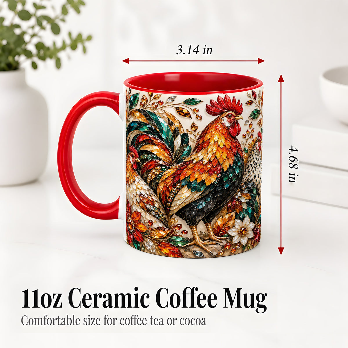 #pl[11oz|Red] Autumn Chicken Ceramic Mug with Rooster and Gemstone Style Artwork