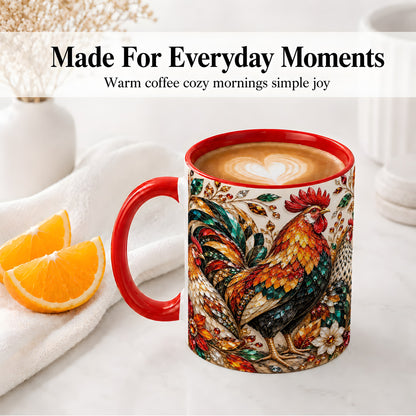 #pl[11oz|Red] Autumn Chicken Ceramic Mug with Rooster and Gemstone Style Artwork