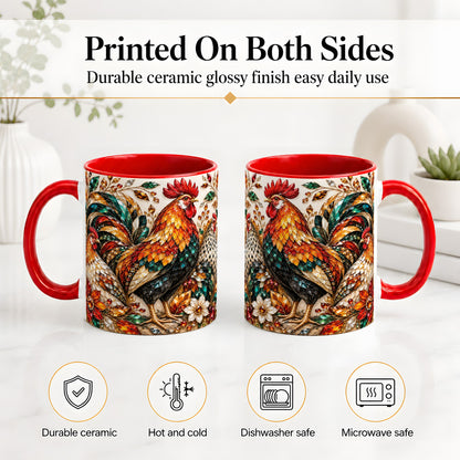 #pl[11oz|Red] Autumn Chicken Ceramic Mug with Rooster and Gemstone Style Artwork