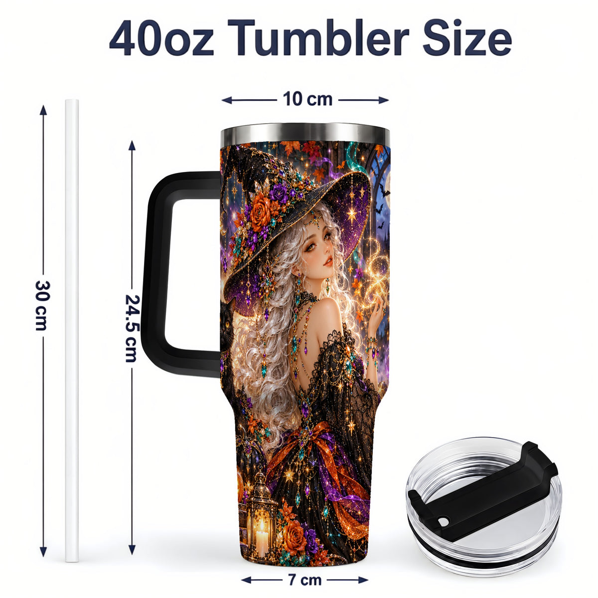 #pl[40oz|Black] Halloween Witch 40oz Tumbler with Black Cat, Pumpkin and Moon Artwork