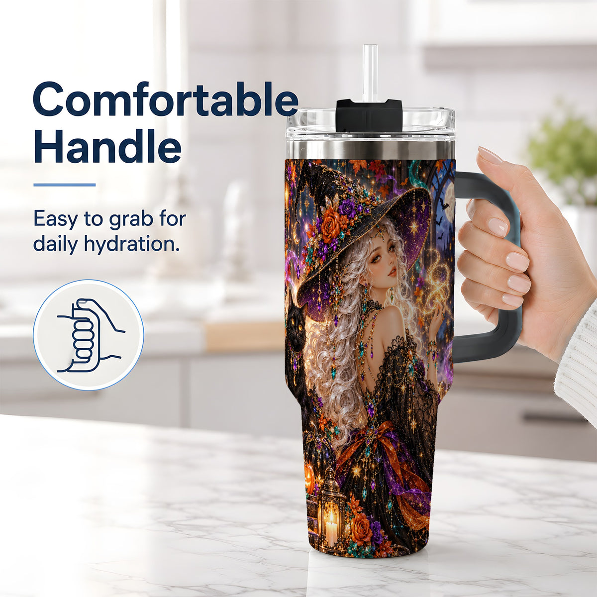 #pl[40oz|Black] Halloween Witch 40oz Tumbler with Black Cat, Pumpkin and Moon Artwork