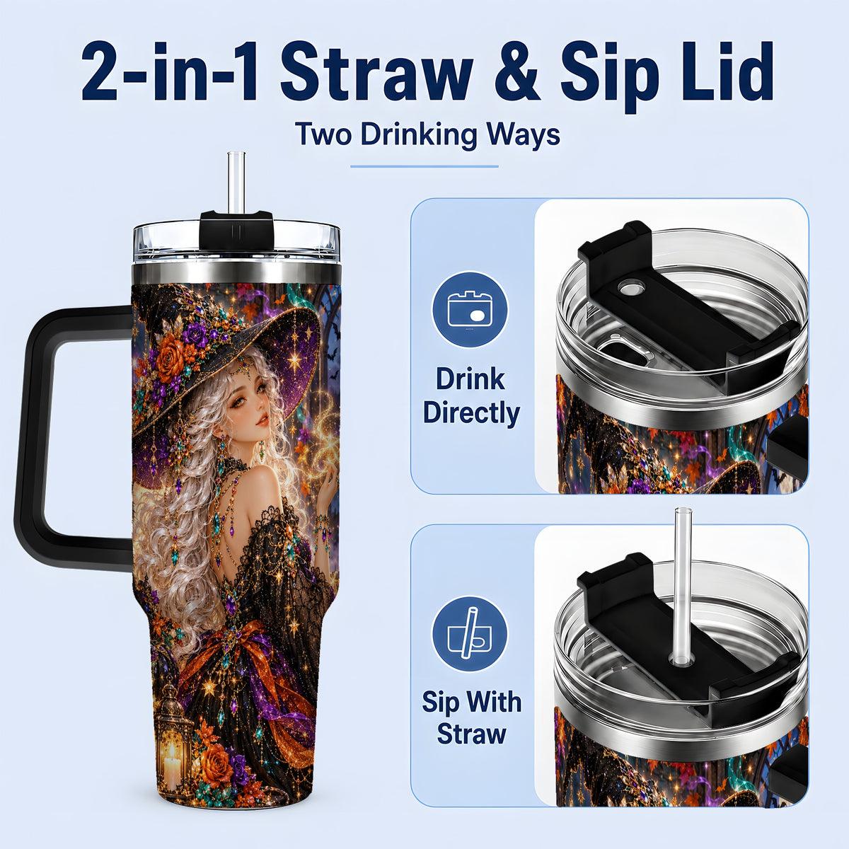 #pl[40oz|Black] Halloween Witch 40oz Tumbler with Black Cat, Pumpkin and Moon Artwork