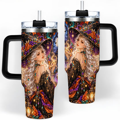 #pl[40oz|Black] Halloween Witch 40oz Tumbler with Black Cat, Pumpkin and Moon Artwork