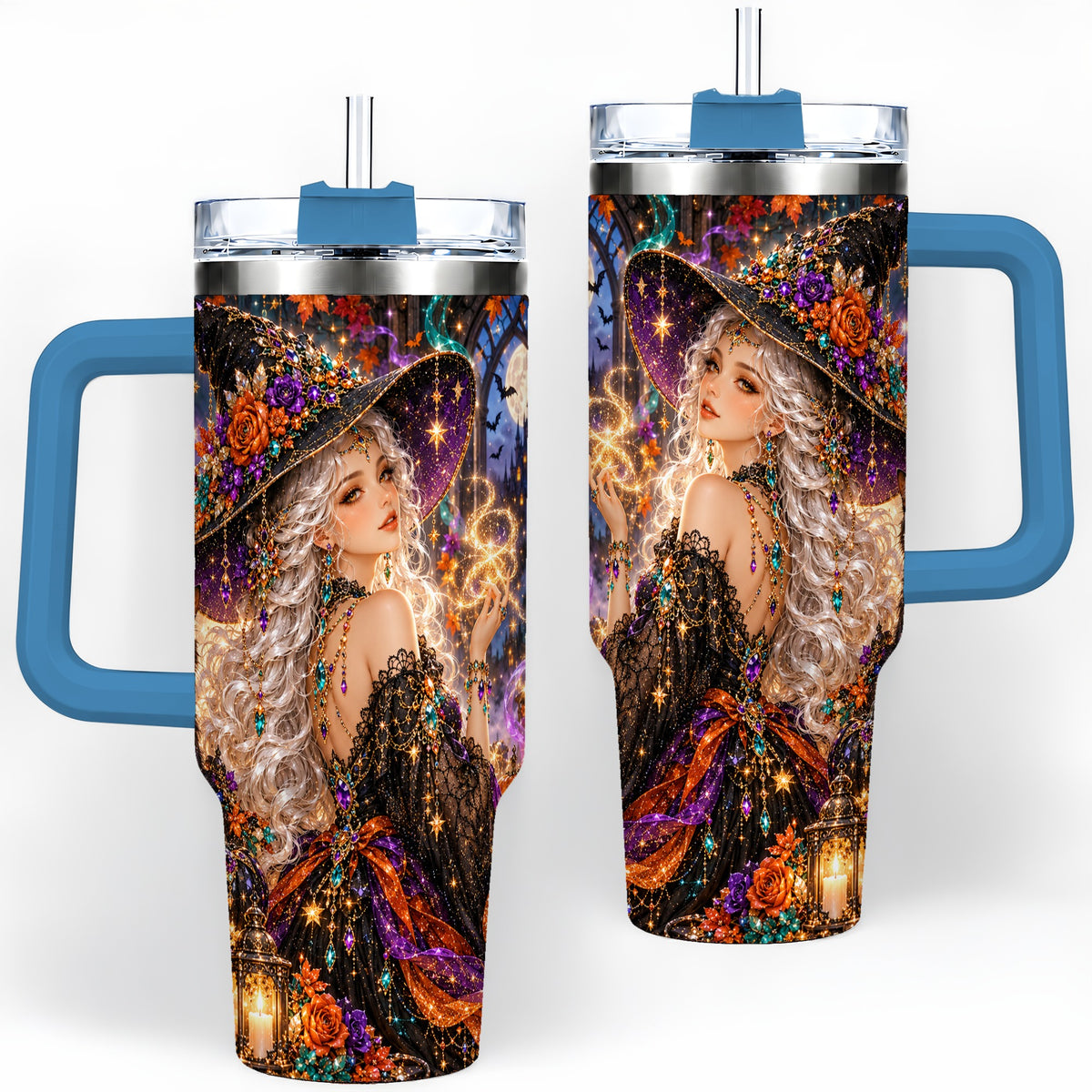 #pl[40oz|Blue] Halloween Witch 40oz Tumbler with Black Cat, Pumpkin and Moon Artwork