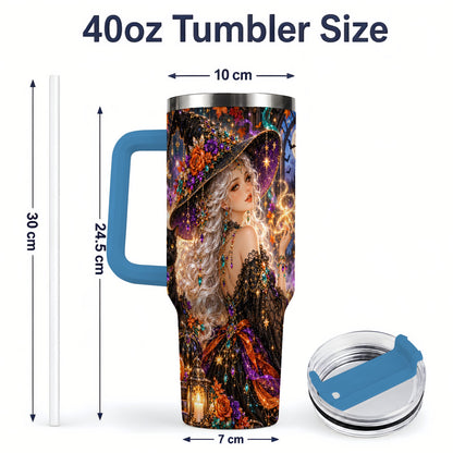 #pl[40oz|Blue] Halloween Witch 40oz Tumbler with Black Cat, Pumpkin and Moon Artwork