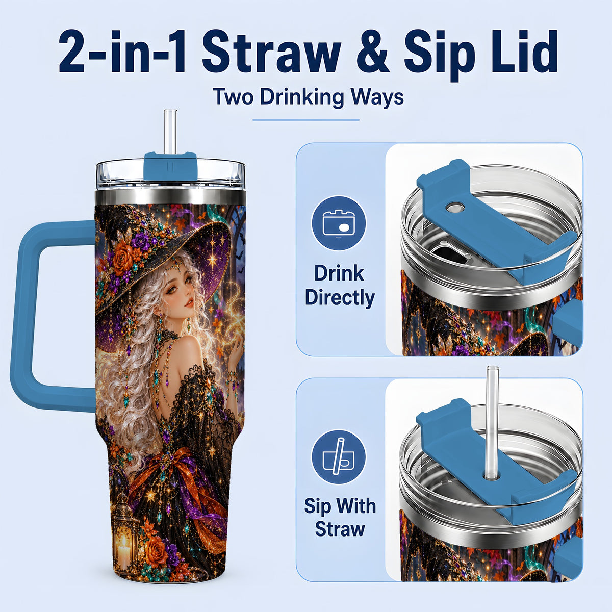 #pl[40oz|Blue] Halloween Witch 40oz Tumbler with Black Cat, Pumpkin and Moon Artwork