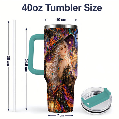 #pl[40oz|Green] Halloween Witch 40oz Tumbler with Black Cat, Pumpkin and Moon Artwork