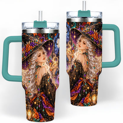 #pl[40oz|Green] Halloween Witch 40oz Tumbler with Black Cat, Pumpkin and Moon Artwork