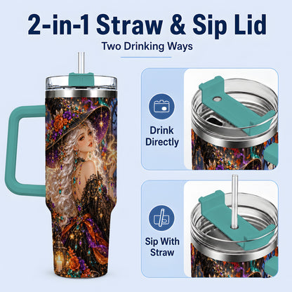 #pl[40oz|Green] Halloween Witch 40oz Tumbler with Black Cat, Pumpkin and Moon Artwork