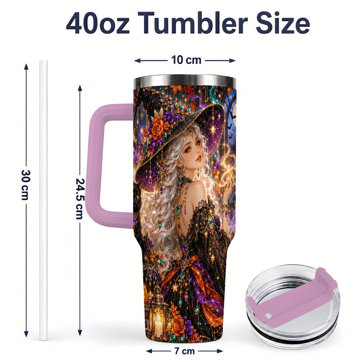 #pl[40oz|Pink] Halloween Witch 40oz Tumbler with Black Cat, Pumpkin and Moon Artwork