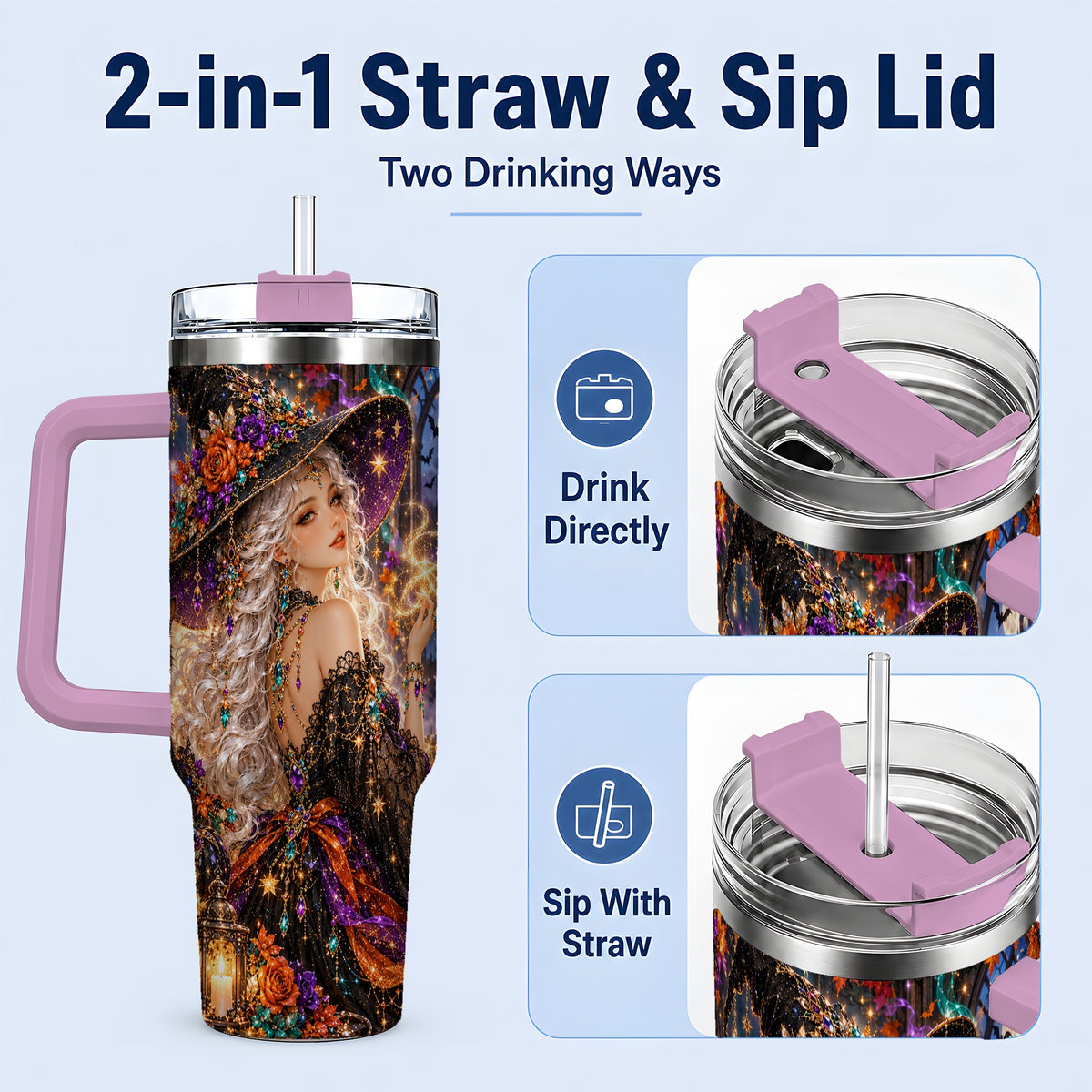 #pl[40oz|Pink] Halloween Witch 40oz Tumbler with Black Cat, Pumpkin and Moon Artwork