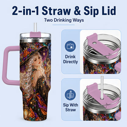 #pl[40oz|Pink] Halloween Witch 40oz Tumbler with Black Cat, Pumpkin and Moon Artwork