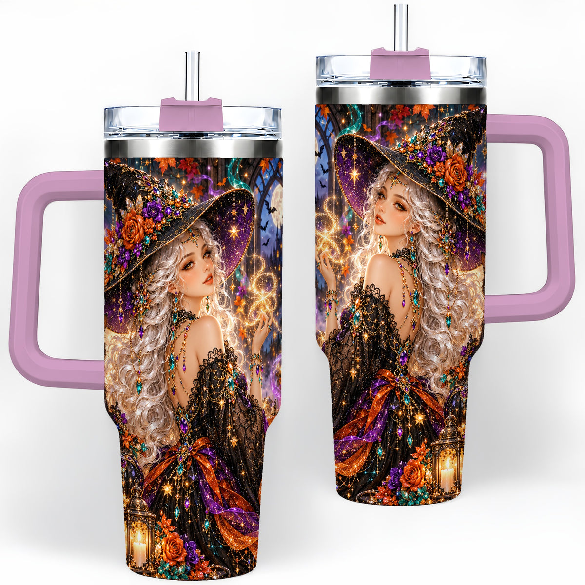 #pl[40oz|Pink] Halloween Witch 40oz Tumbler with Black Cat, Pumpkin and Moon Artwork