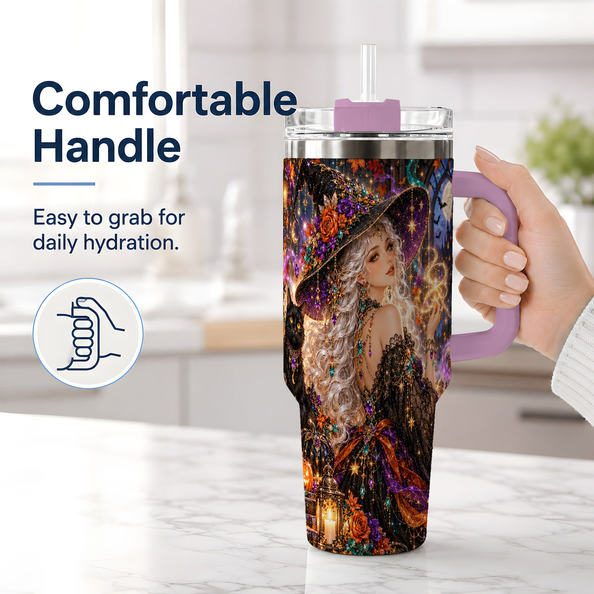 #pl[40oz|Pink] Halloween Witch 40oz Tumbler with Black Cat, Pumpkin and Moon Artwork