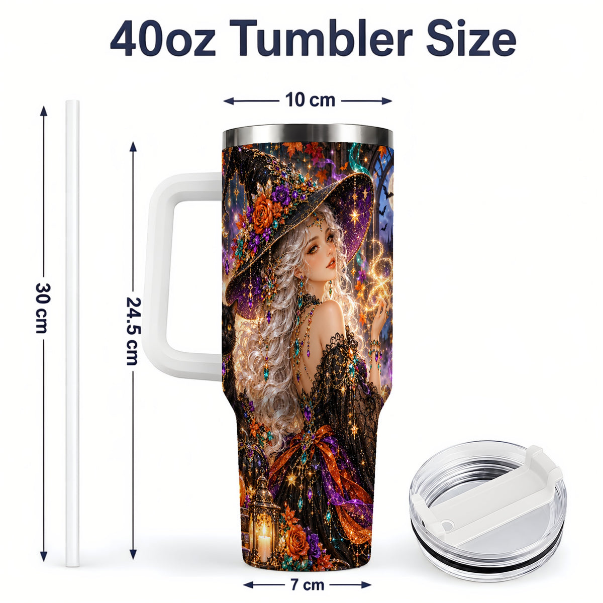 #pl[40oz|White] Halloween Witch 40oz Tumbler with Black Cat, Pumpkin and Moon Artwork