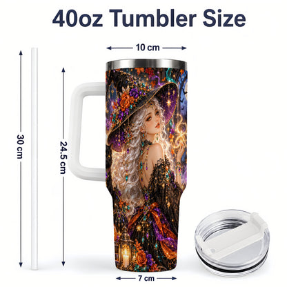 #pl[40oz|White] Halloween Witch 40oz Tumbler with Black Cat, Pumpkin and Moon Artwork