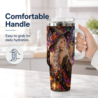 #pl[40oz|White] Halloween Witch 40oz Tumbler with Black Cat, Pumpkin and Moon Artwork