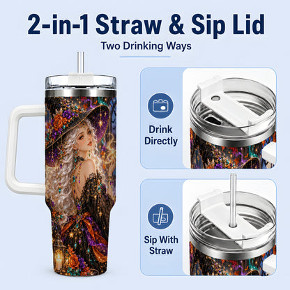 #pl[40oz|White] Halloween Witch 40oz Tumbler with Black Cat, Pumpkin and Moon Artwork