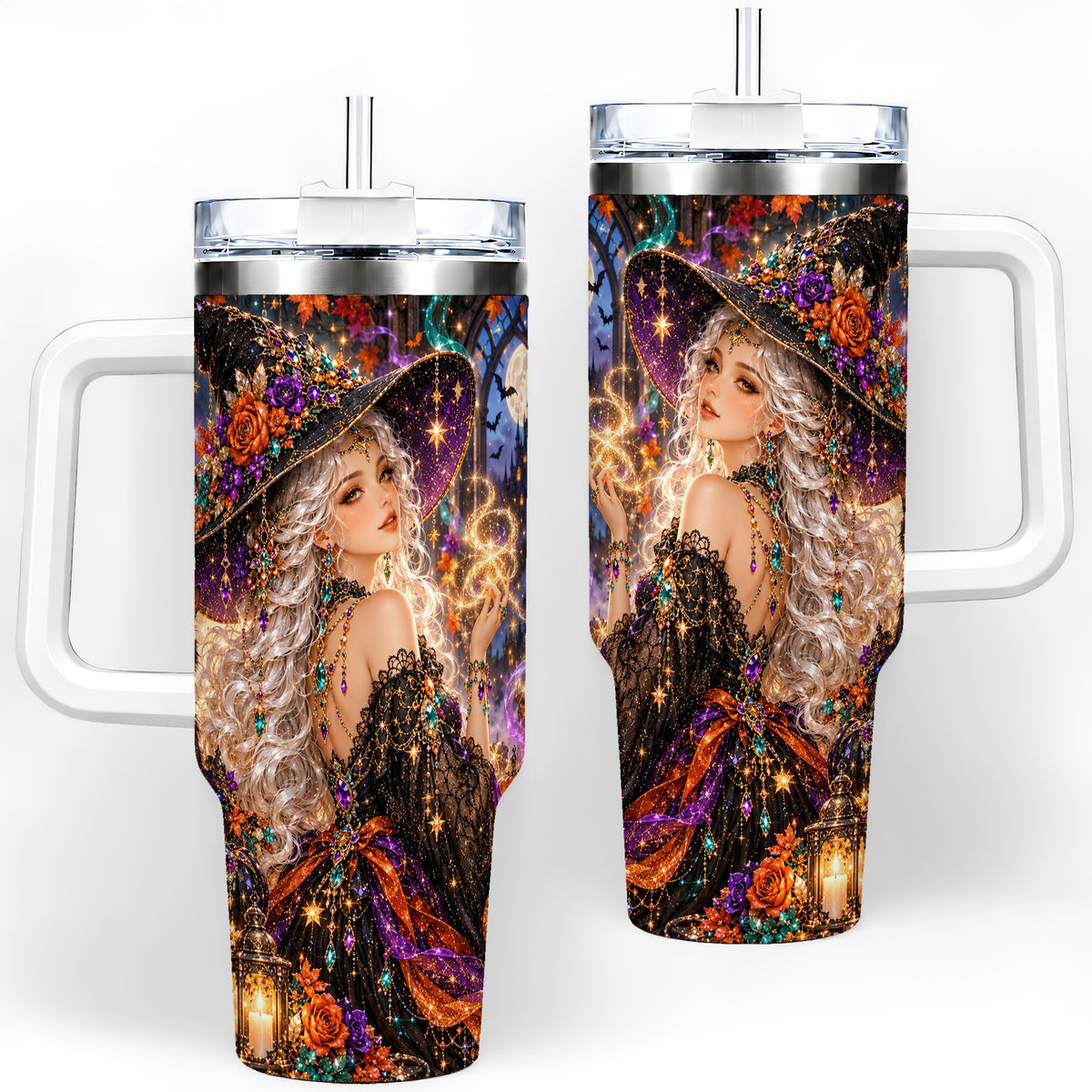 Halloween Witch 40oz Tumbler with Black Cat, Pumpkin and Moon Artwork