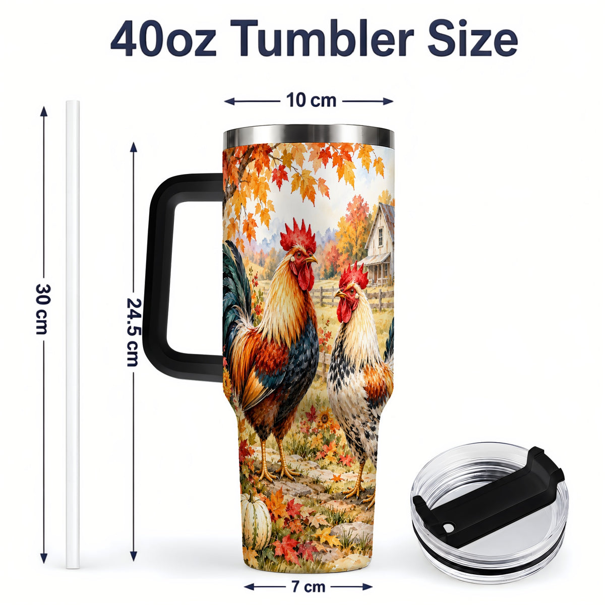 #pl[40oz|Black] Autumn Rooster 40oz Tumbler with Farmhouse Pumpkin and Fall Leaf Artwork