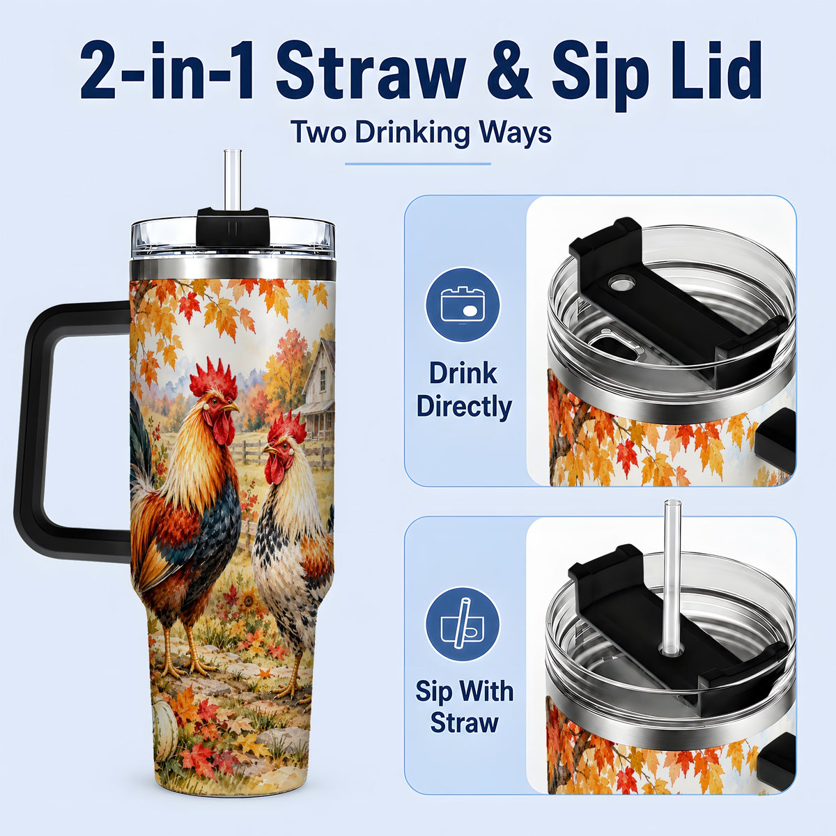 #pl[40oz|Black] Autumn Rooster 40oz Tumbler with Farmhouse Pumpkin and Fall Leaf Artwork