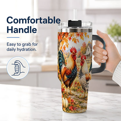 #pl[40oz|Black] Autumn Rooster 40oz Tumbler with Farmhouse Pumpkin and Fall Leaf Artwork