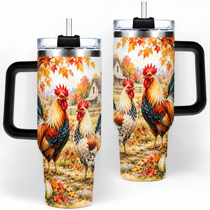 #pl[40oz|Black] Autumn Rooster 40oz Tumbler with Farmhouse Pumpkin and Fall Leaf Artwork