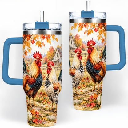 #pl[40oz|Blue] Autumn Rooster 40oz Tumbler with Farmhouse Pumpkin and Fall Leaf Artwork