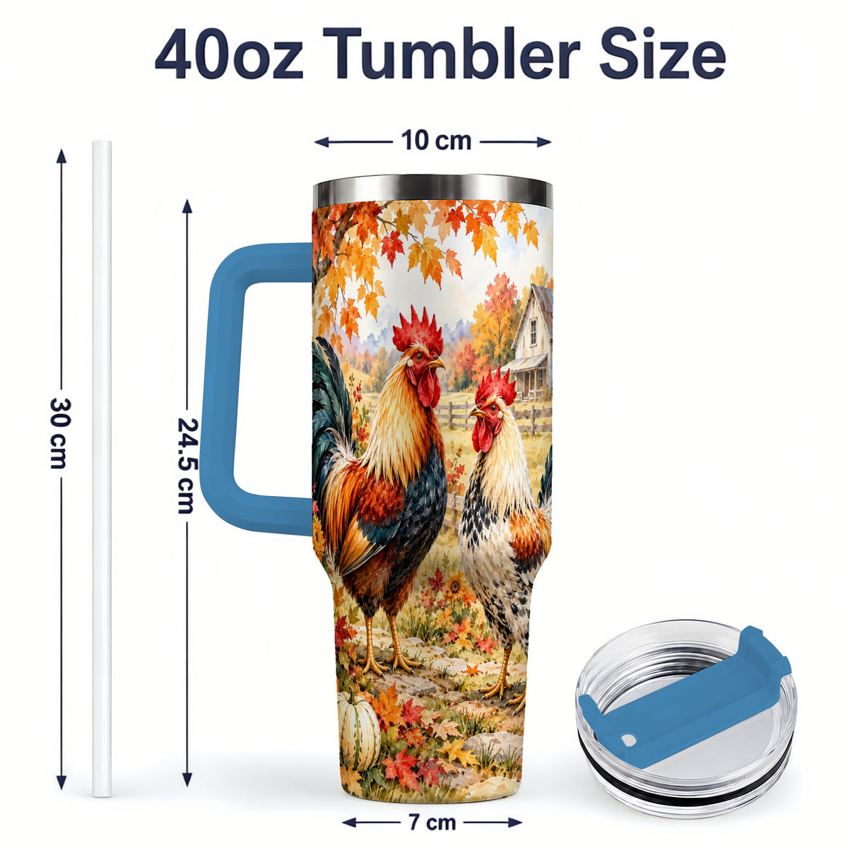 #pl[40oz|Blue] Autumn Rooster 40oz Tumbler with Farmhouse Pumpkin and Fall Leaf Artwork