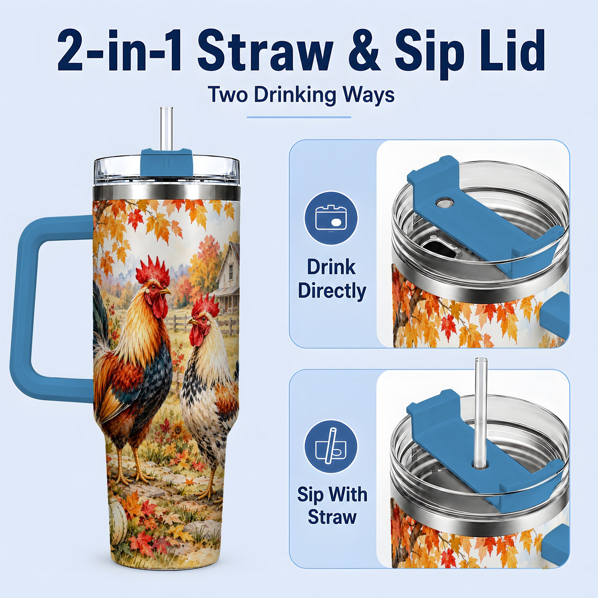 #pl[40oz|Blue] Autumn Rooster 40oz Tumbler with Farmhouse Pumpkin and Fall Leaf Artwork