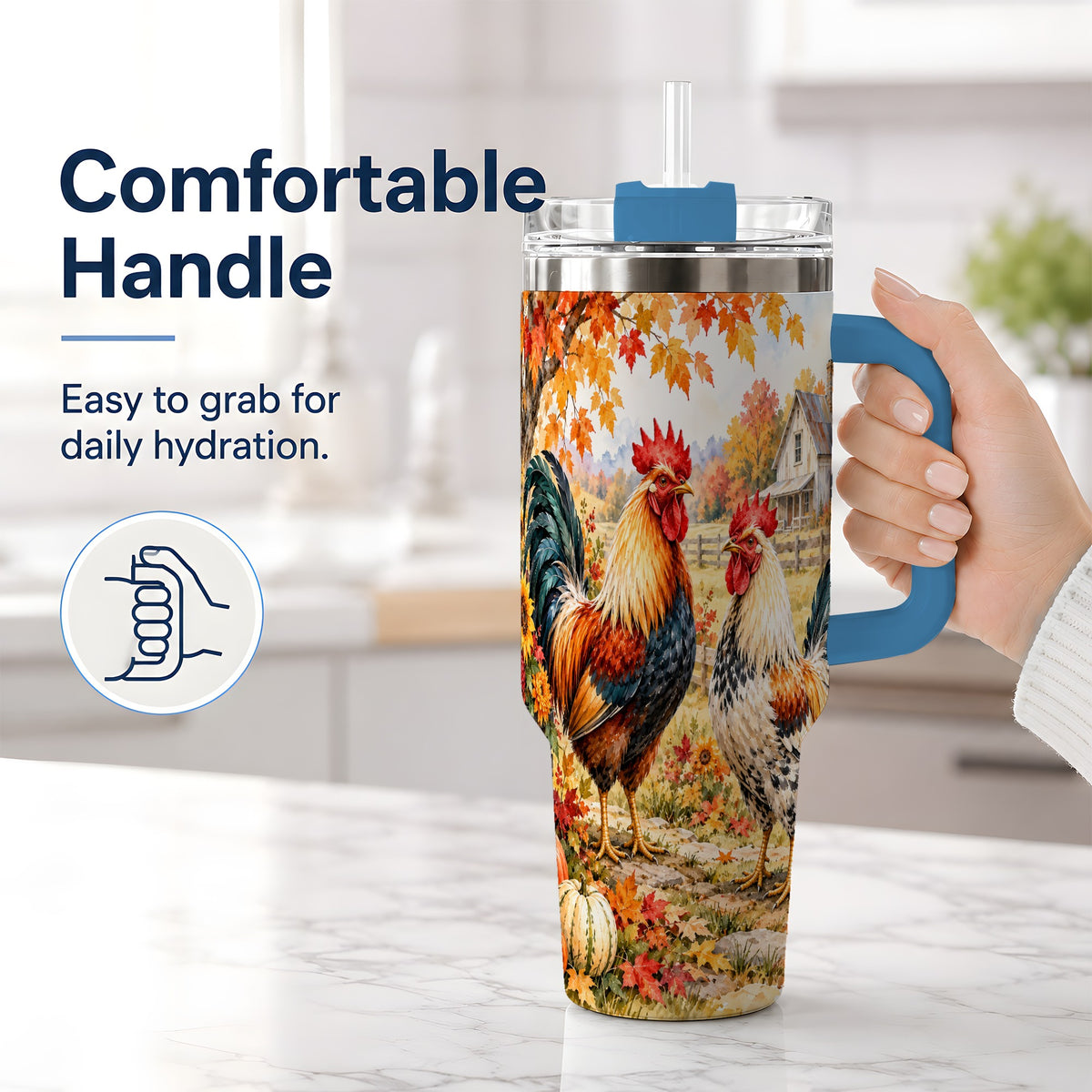 #pl[40oz|Blue] Autumn Rooster 40oz Tumbler with Farmhouse Pumpkin and Fall Leaf Artwork