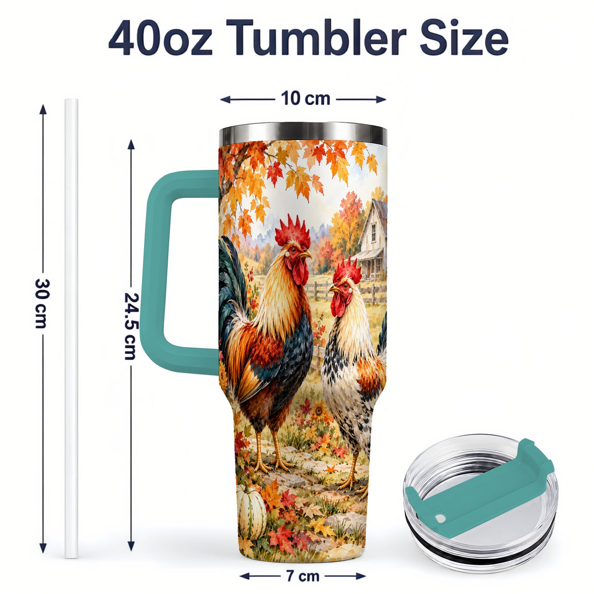 #pl[40oz|Green] Autumn Rooster 40oz Tumbler with Farmhouse Pumpkin and Fall Leaf Artwork