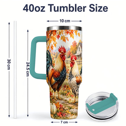 #pl[40oz|Green] Autumn Rooster 40oz Tumbler with Farmhouse Pumpkin and Fall Leaf Artwork